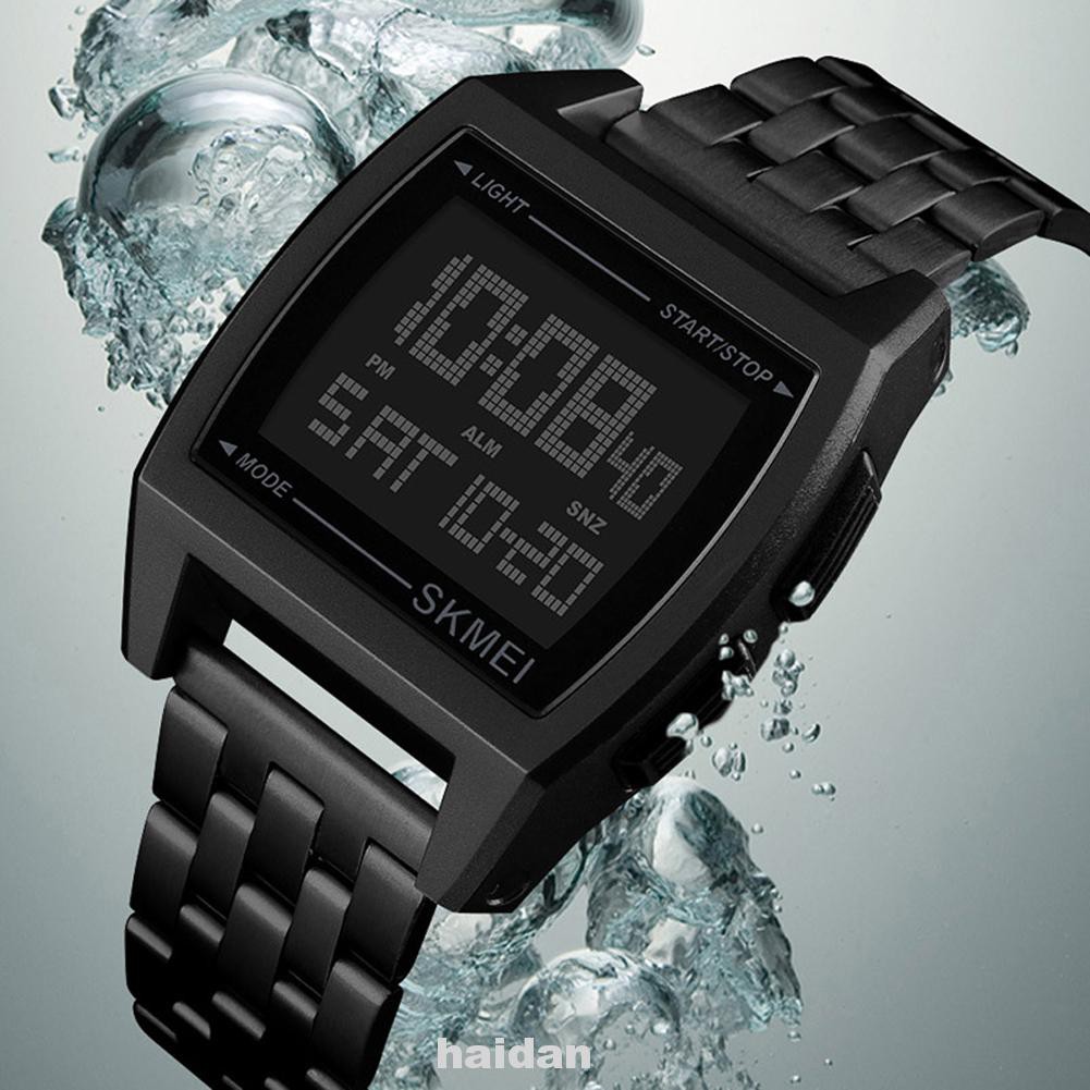 Men Anti Shock Business Rectangle Stainless Steel Waterproof Double Time Digital Watch