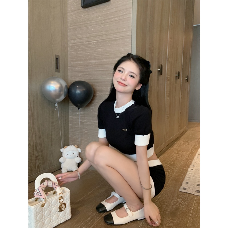 Cocory vn Bộ Áo Dệt Kim Ngắn Tay + Quần Short Lưng Cao Dáng Ôm Thời Trang Quyến Rũ Cho Nữ