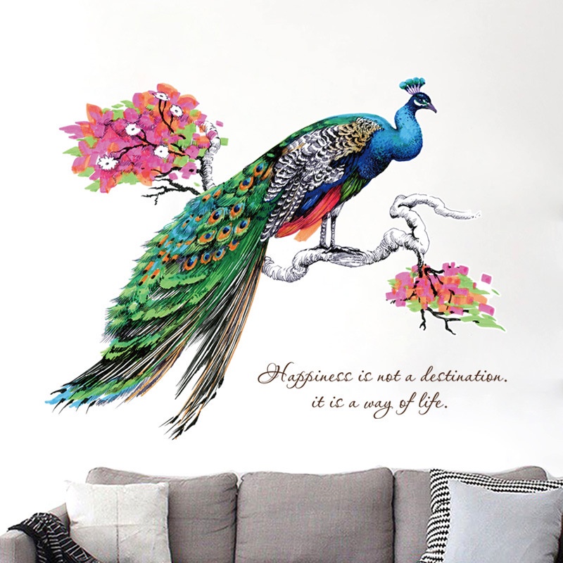 Tranh dán tường 3D hình chim công hạnh phúc KT 100x85cm, DECAL trang trí siêu rẻ