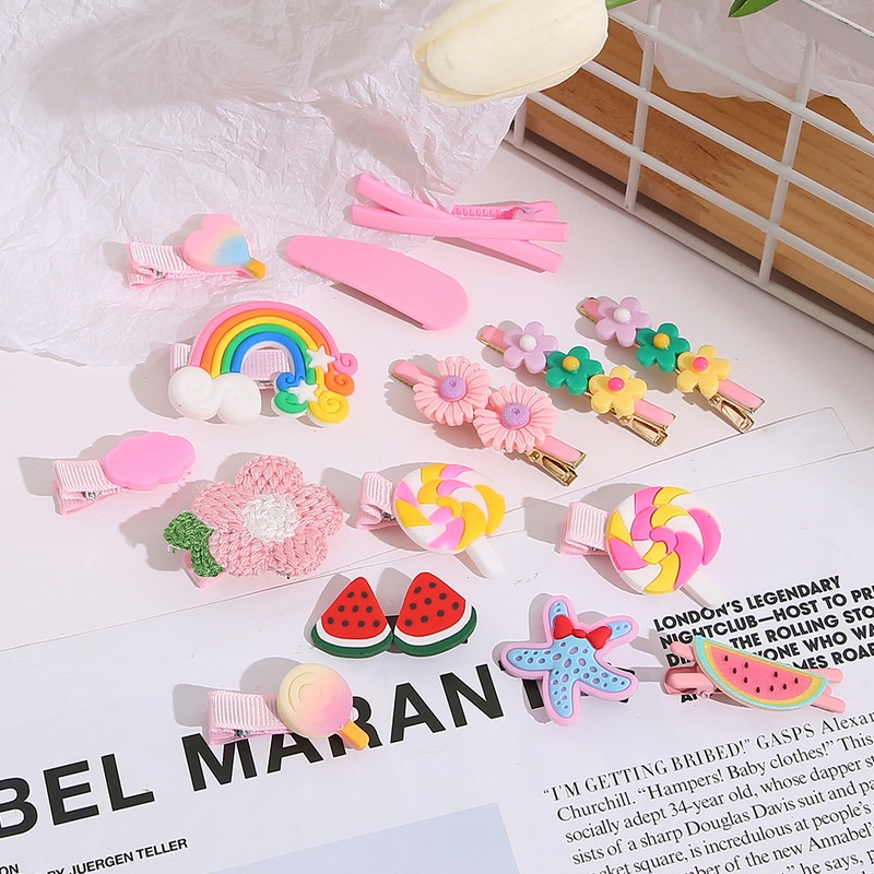 Set 14 Kẹp Tóc Hình Trái Cây / Hoa / Bướm / Trái Cây / Cầu Vồng Bằng Nhựa Resin Thời Trang Cho Nữ