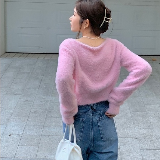 Áo khoác cardigan vải nhung tay dài cổ tròn màu trắng/ màu hồng thời trang thu đông dành cho nữ | BigBuy360 - bigbuy360.vn