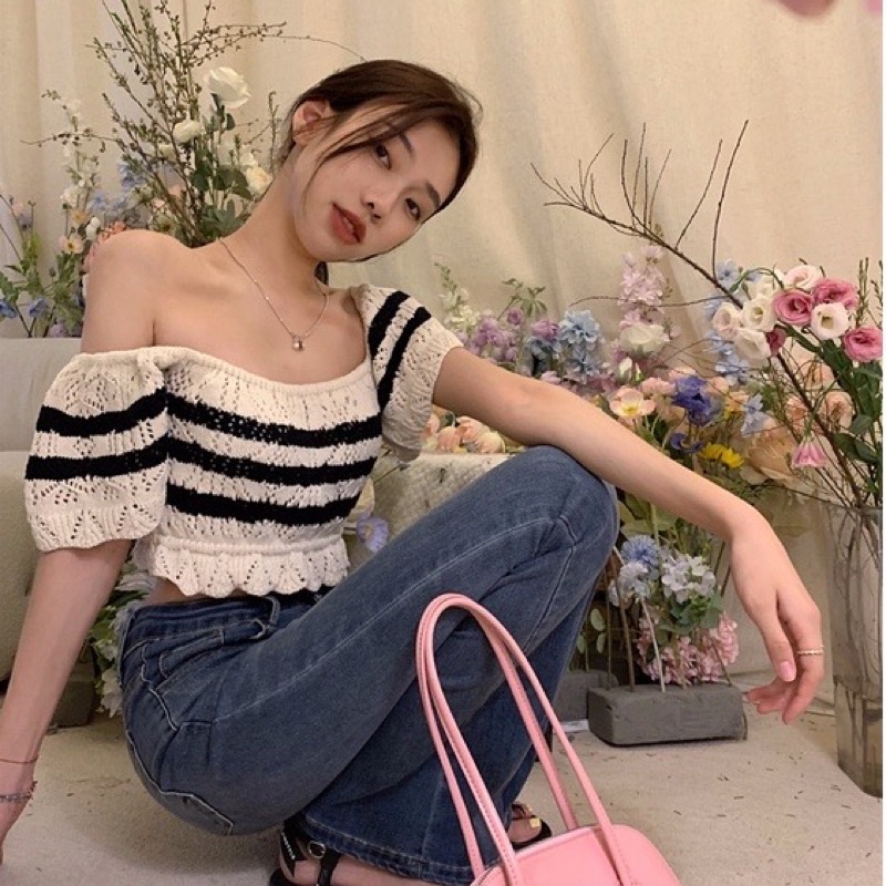 Áo len montoghi cách điệu tay bồng dáng crotop hàng QC