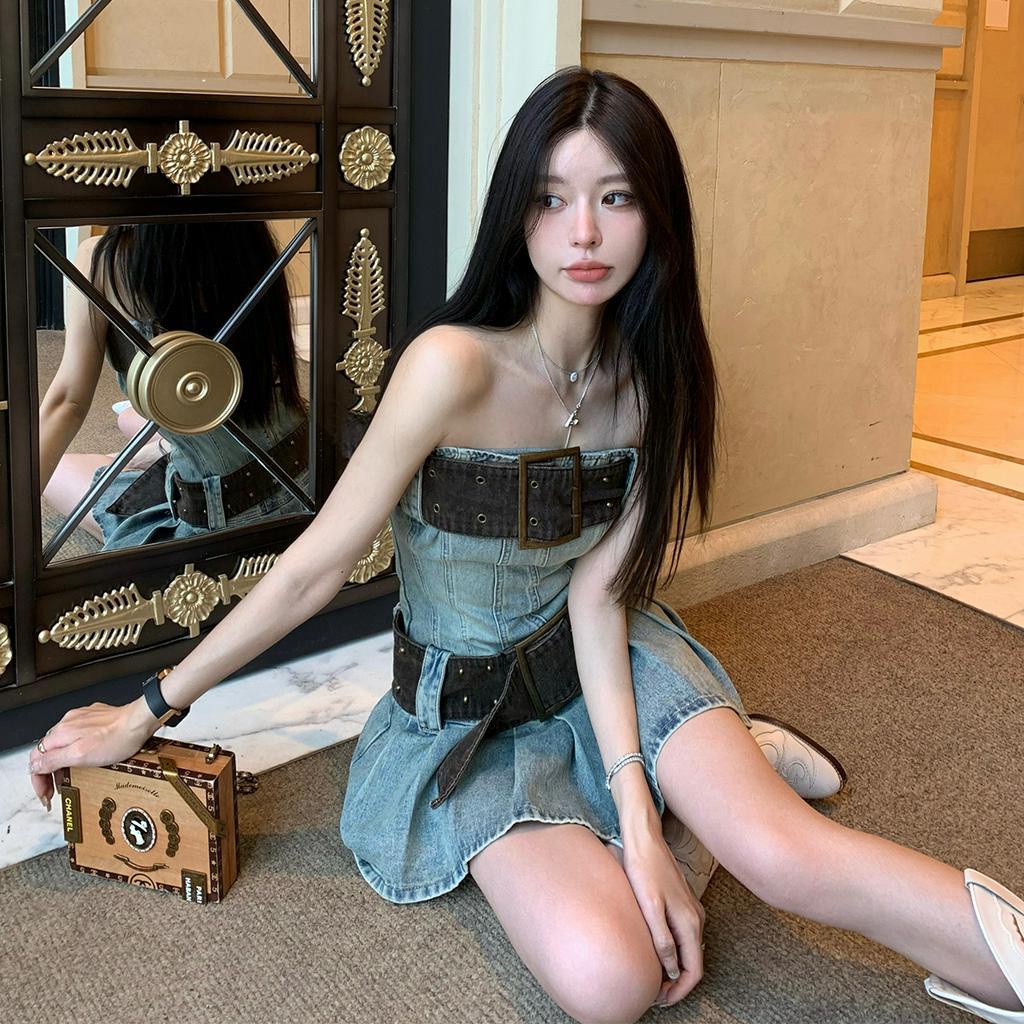 Đầm denim Ngắn Quấn Ngực Phong Cách retro Mỹ Thời Trang Mùa Hè Hàng Mới Dành Cho Bạn Gái