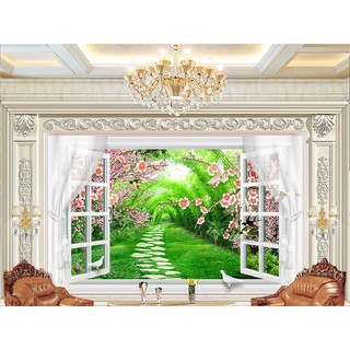 Tranh dán tường 3D cửa sổ con đường tranh phòng khách phòng ngủ BINBIN CS65