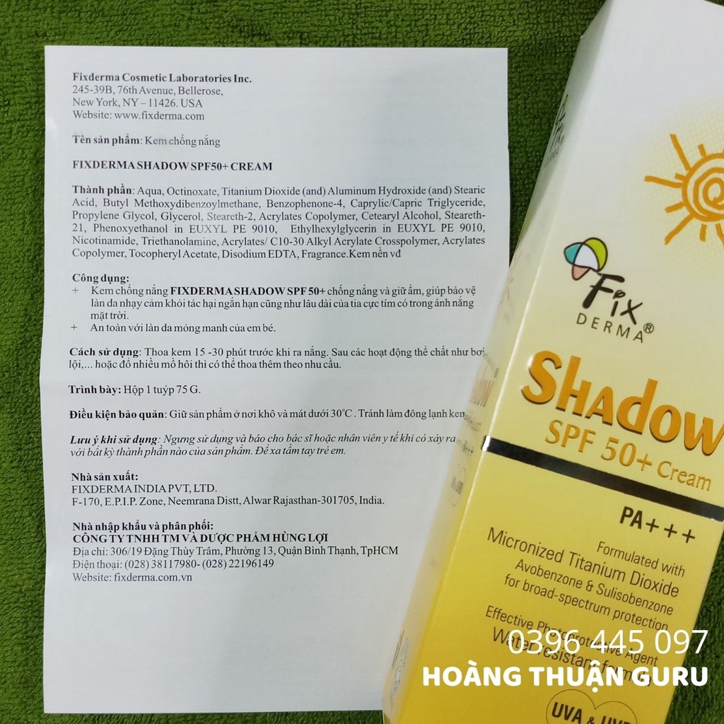 Kem chống nắng Fixderma shadow spf 50 , spf 30 phù hợp cho da dầu mụn - chống nắng phổ rộng , không gây bí da , tuýp 75g