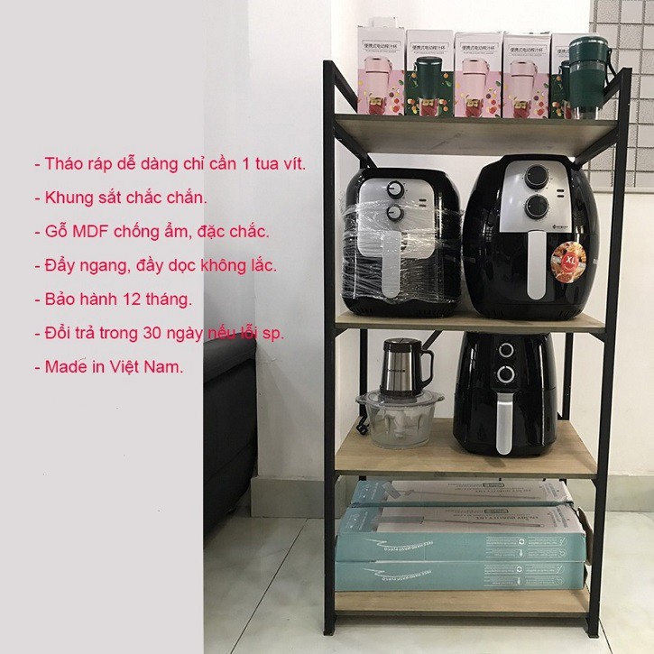 Kệ Lò Vi Sóng | Kệ Lò Nướng 4 Tầng Khung Sắt | Sàn Gỗ Cực Chắc Chắn