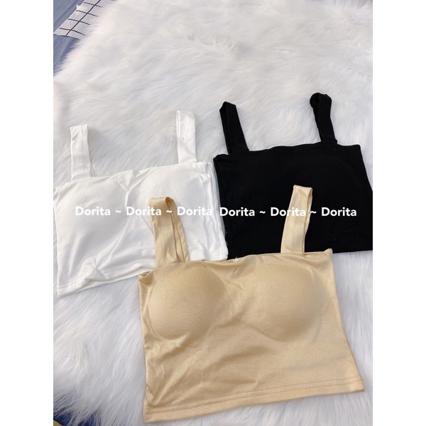 [Ảnh thật/Video] Áo hai dây bản to croptop có sẵn đệm mút, áo bra nâu be đen - Doirta Boutique