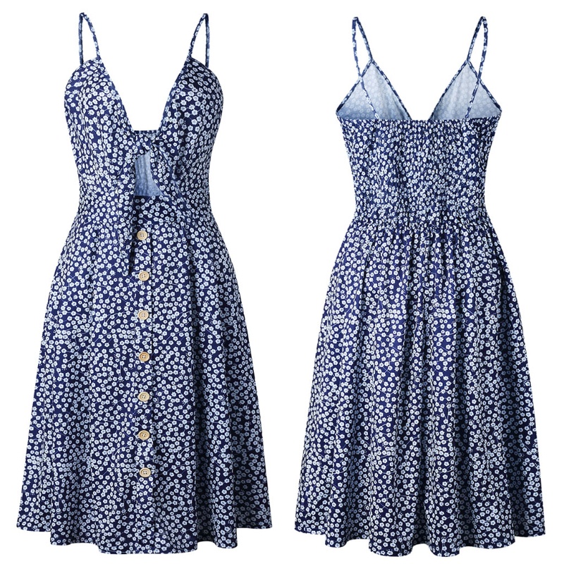 Xiangbao Đầm Chữ A Hở Lưng Cài Nút Trước Cổ Chữ V Thời Trang Mùa Hè Cho Nữ