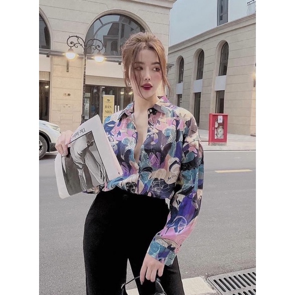 Áo sơ mi nữ tay dài lụa satin, sơ mi dài tay lụa hoạ tiết cô gái phối màu freesize form dài HÀNG CAO CẤP LOẠI 1