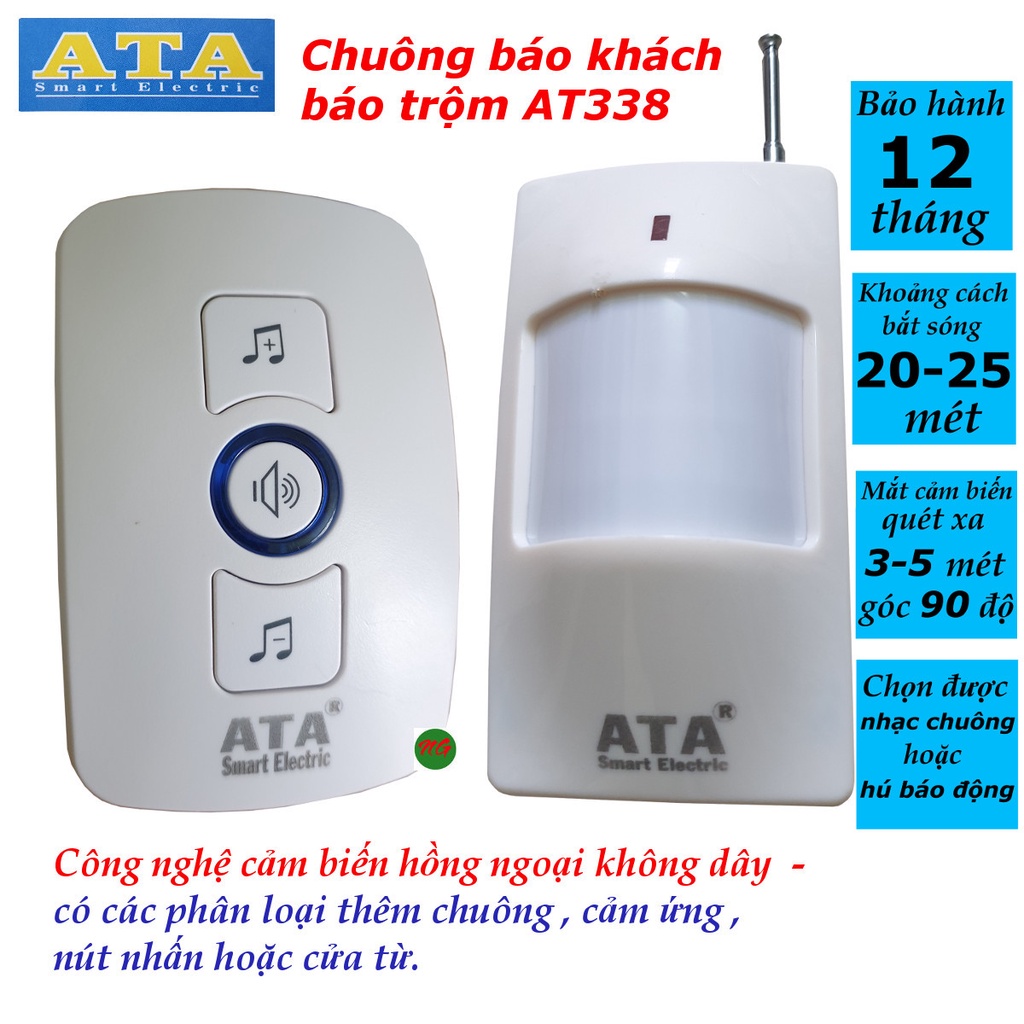 Chuông báo khách báo trộm bằng cảm ứng không dây ATA AT-338 - tiếng chuông hay- kết nối thêm với nút nhấn, cửa từ.