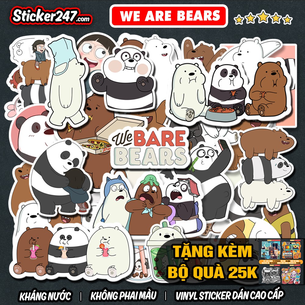 Sticker We Bare Bears 🌈𝑭𝒓𝒆𝒆𝒔𝒉𝒊𝒑 chống nước sticker dán laptop, điện thoại, đàn guitar, dán mũ bảo hiểm, vali, ipad