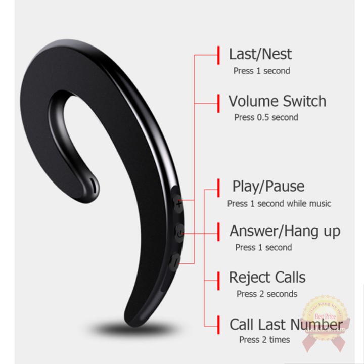 Tai nghe bluetooth không dây cài tai cao cấp mini thể thao lái xe kết nối điện thoại thông minh cổng sạc usb tiện lợi