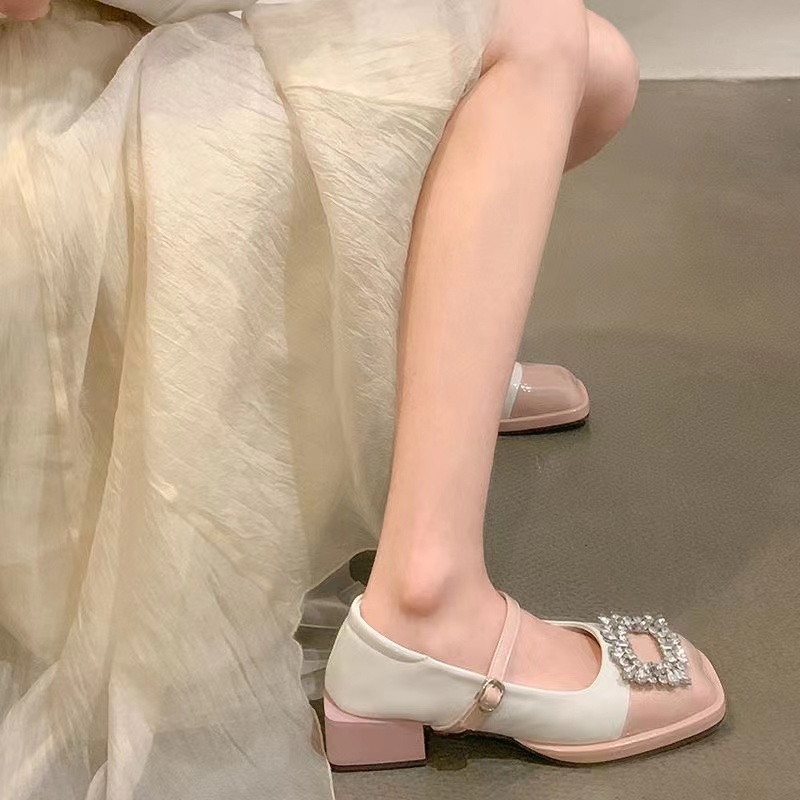 Giày Búp Bê Da Mũi Vuông Đính Đá Phối Màu Phong Cách Thời Trang Lolita 2022