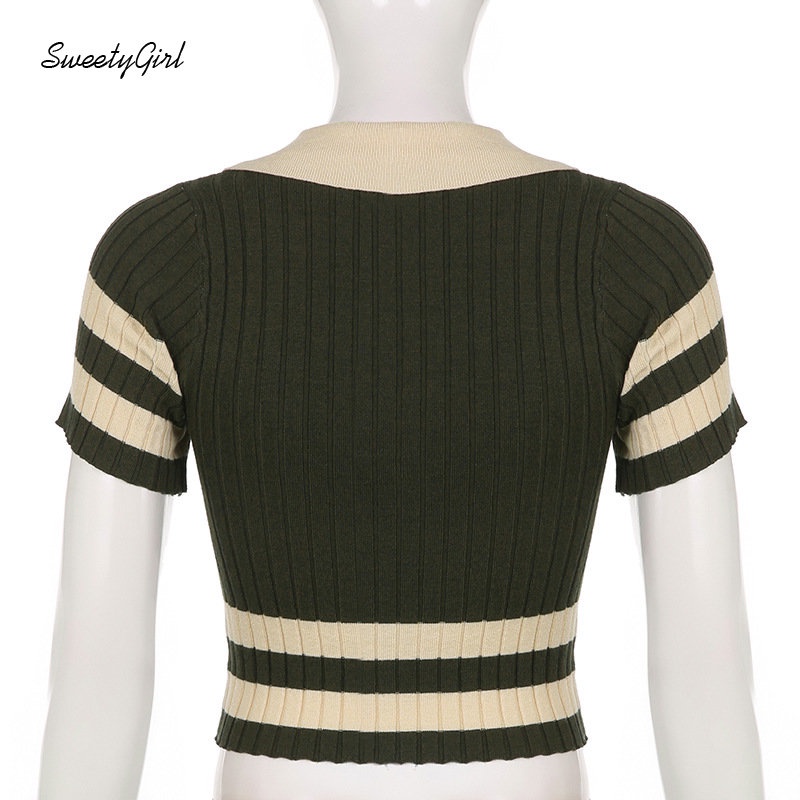 Áo Thun Tay Ngắn Cổ Chữ V Họa Tiết Kẻ Sọc Màu Xanh Lá Tương Phản Thời Trang 2022 Dành Cho Bạn Nữ