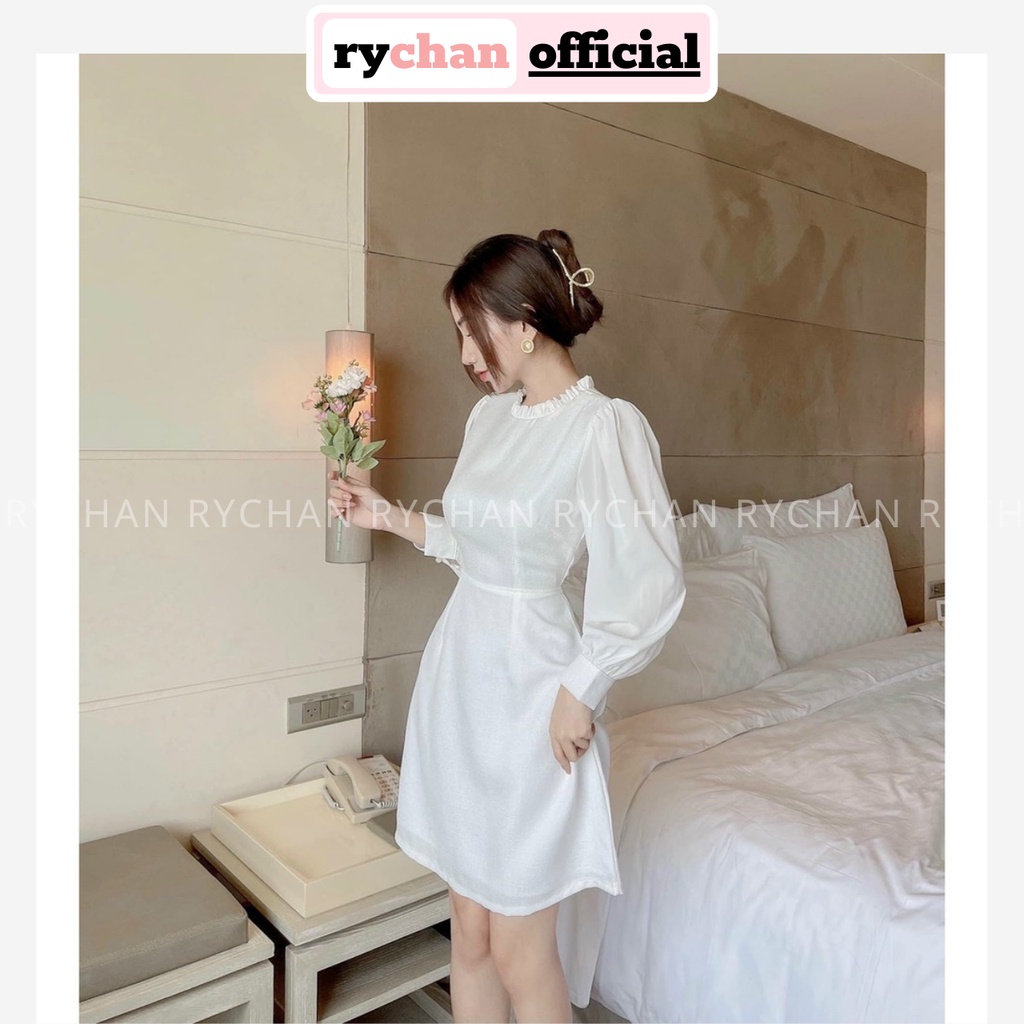Đầm Xòe Trắng Dài Tay Cổ Viền Bèo Lót Trong Dày Dặn - DX0021