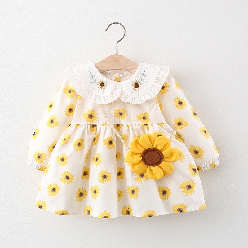 Đầm Tay Dài In Hoa Hướng Dương Vải Cotton Mềm + Túi Thời Trang Cho Bé Gái