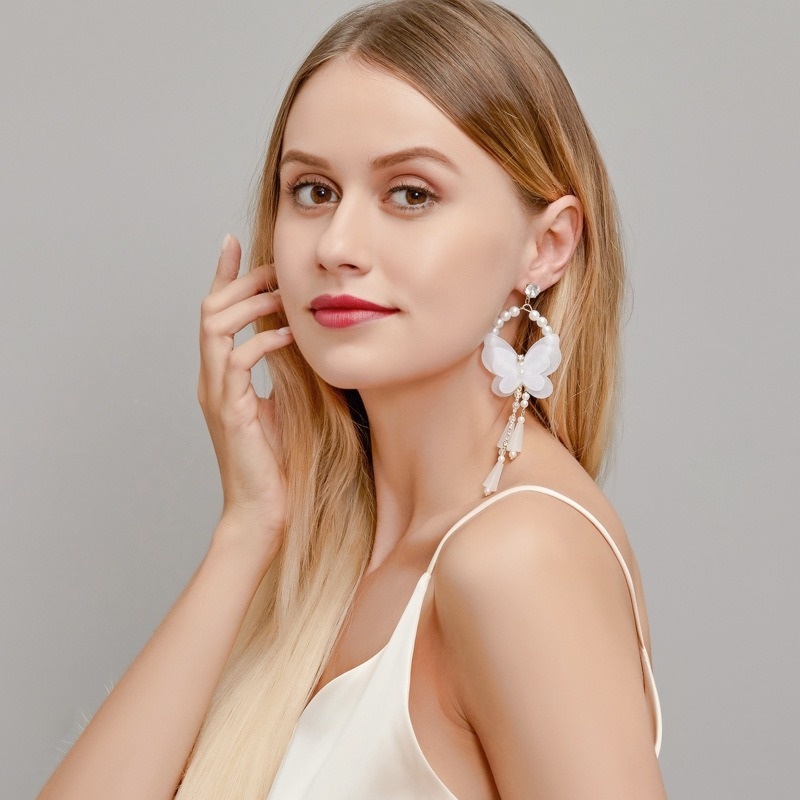 Bông Tai Dài Hình Bướm Đính Ngọc Trai Phong Cách Hàn Quốc Dành Cho Nữ