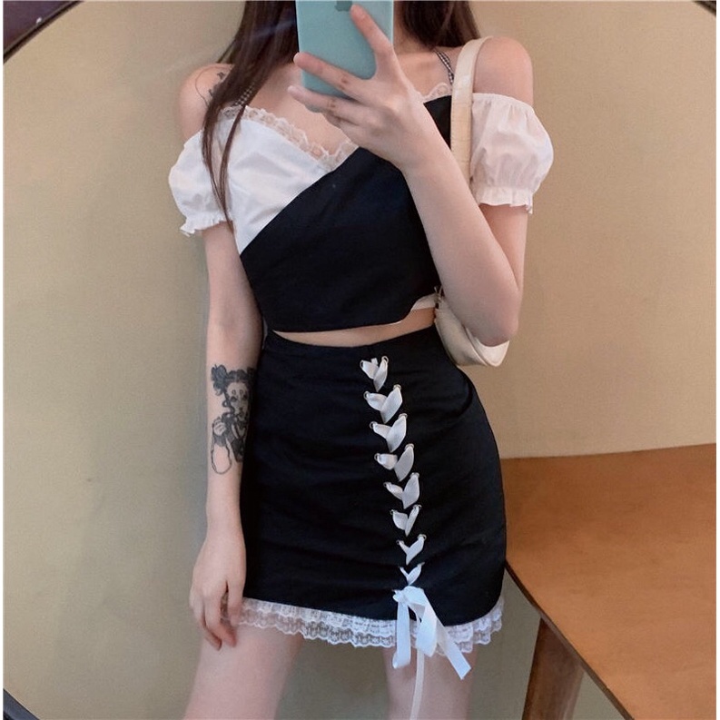 YAS0807-Set váy hai dây trễ vai buộc dây sexy + váy zip đan dây