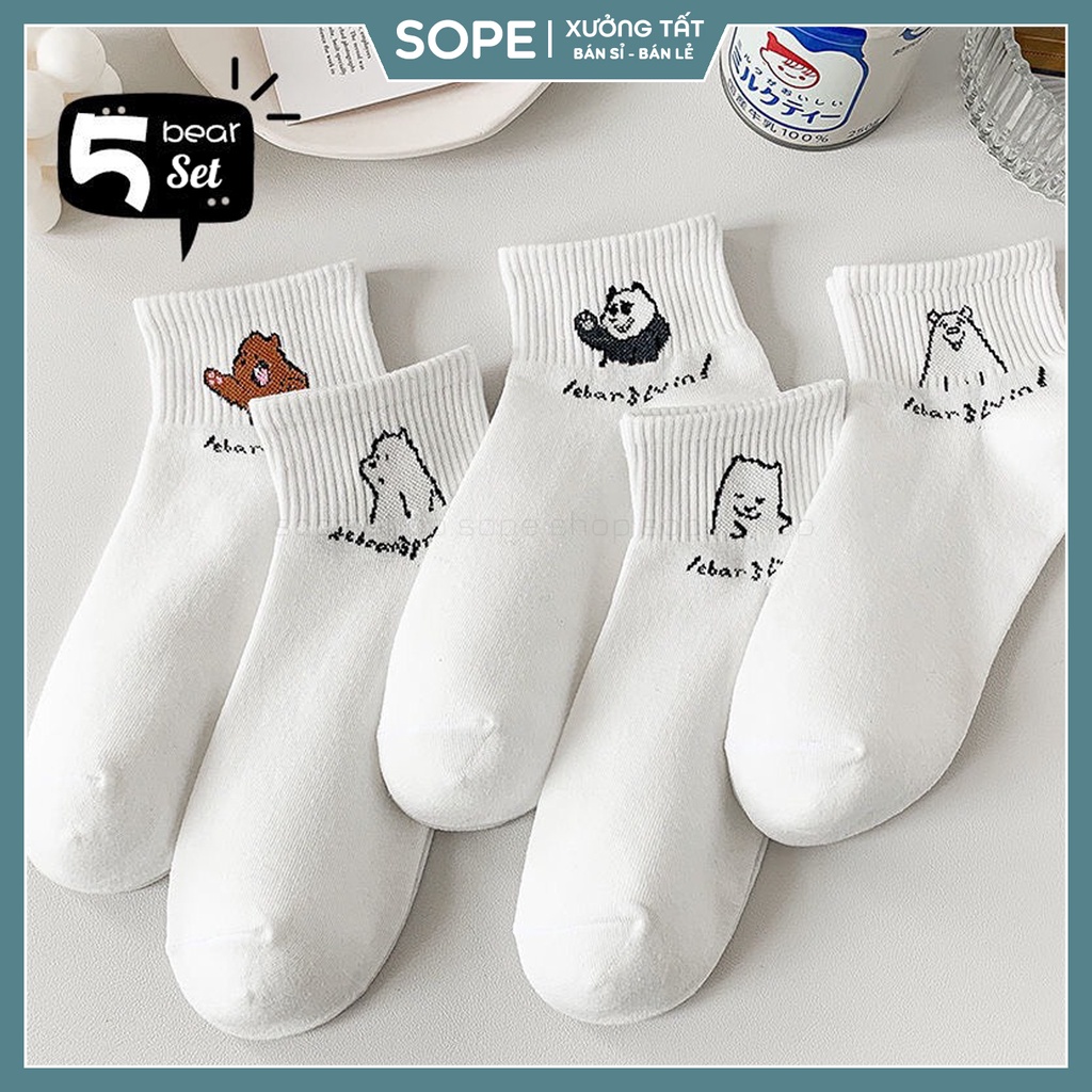 Tất vớ nữ nam cổ ngắn chất liệu vải Hàn, sét tất 5 đôi họa tiết họa hình dễ thương - Sope Shop