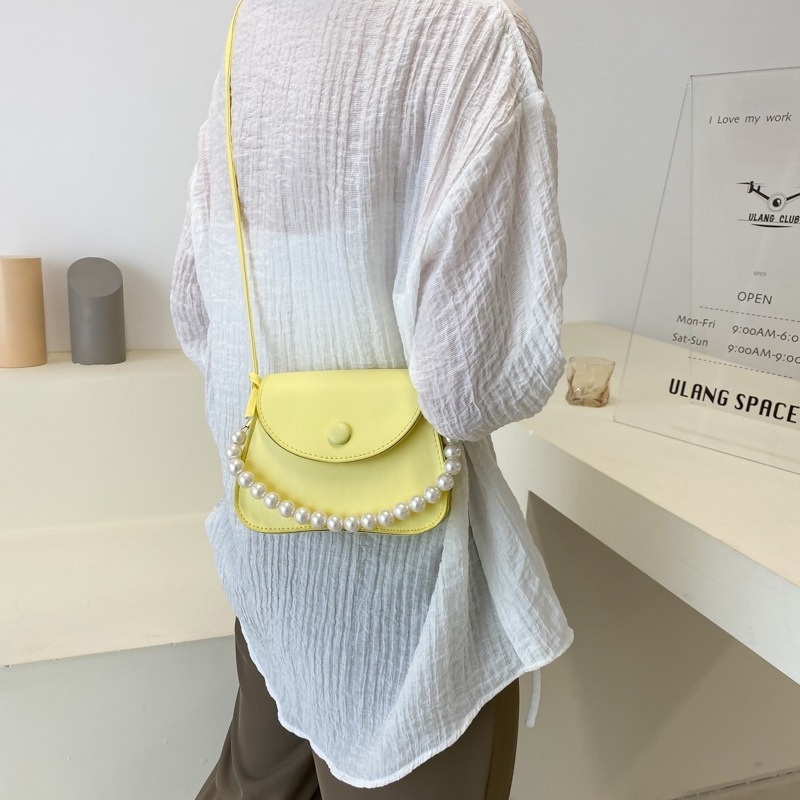 Túi Đeo Chéo Hình Vuông Nhỏ Màu Trơn Đính Nút Ngọc Trai Phong Cách Hàn Quốc Mới 2022 NB00421