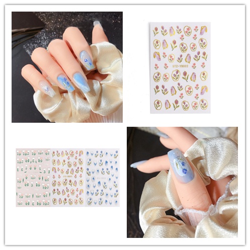 Bộ 3 Miếng Dán Trang Trí Móng Tay Chống Nước Tự Dính Họa Tiết Hoa Tulip Hồng Xanh Dương