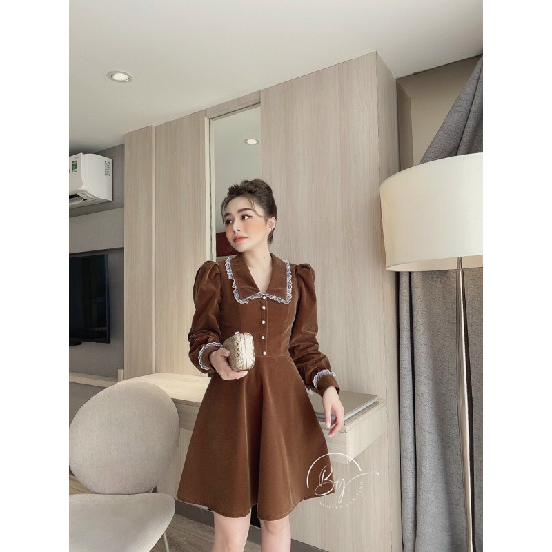 VÁY NHUNG TIỂU THƯ DÁNG XOÈ CỔ REN