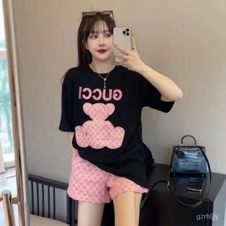 [Bộ đồ] Áo thun thêu hình gấu nhỏ đôi C dành cho nữ cổ tròn nửa tay + Quần short dáng rộng co giãn Bộ đồ hai mảnh