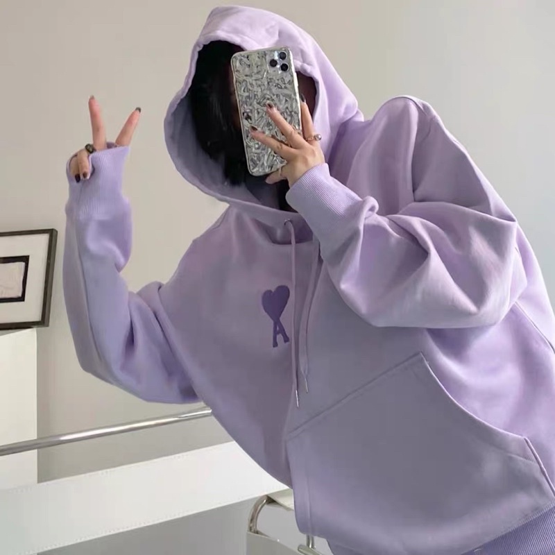ÁO HOODIE NỈ CHỮ A TRÁI TIM MÀU TÍM PASTEL SIÊU XINH FORM RỘNG OVERSIZE