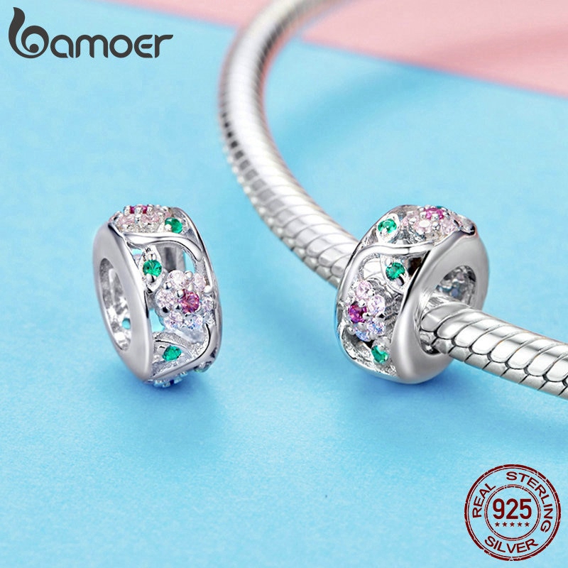 Hạt charm Bamoer bạc 925 đính đá hình cây hoa xinh xắn