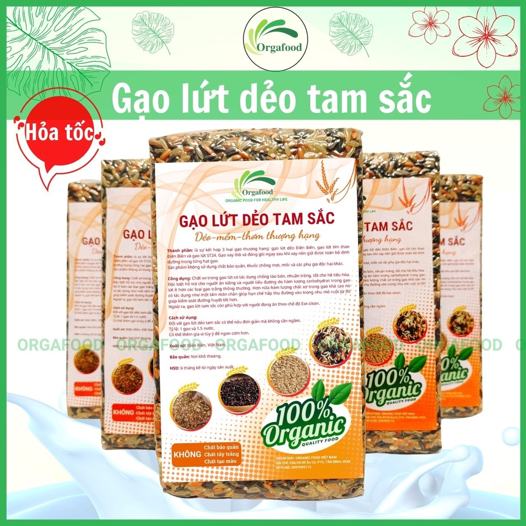 Gạo lứt dẻo Điện Biên tam sắc 1kg Orgafood (mix tím than/ nâu điện biên/ ST24) gạo lức ăn kiêng giảm cân, không cần ngâm