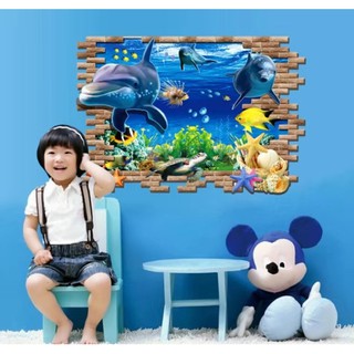 Mẫu mới-decal dán tường cá heo 3d - ay9706 - decal nguyên miếng