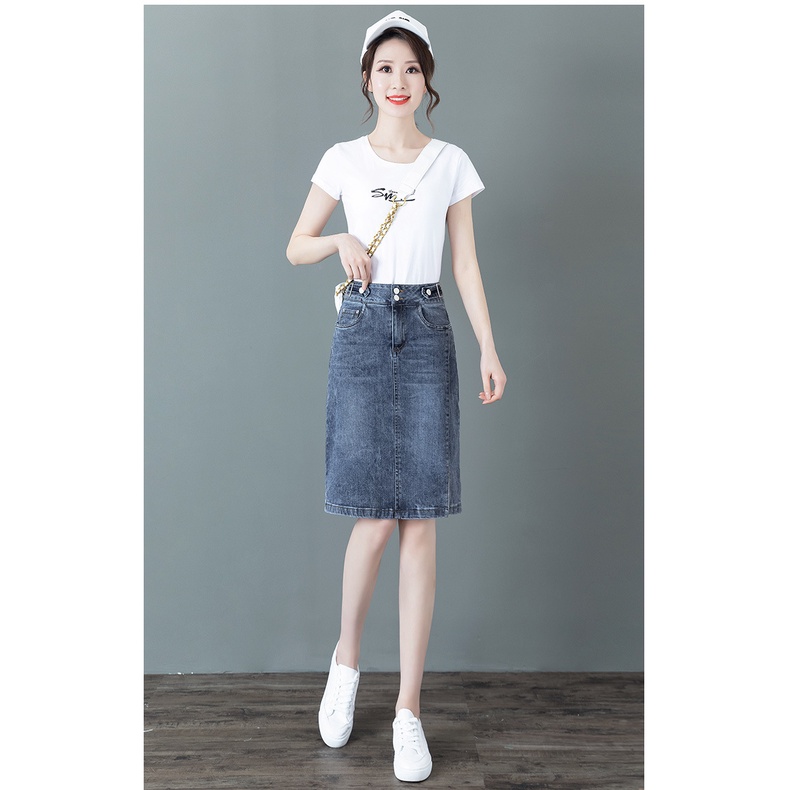 Chân Váy Jean Dáng Dài Kết Hợp Xẻ Tà Hot Trend Phong Cách Hàn Quốc Co Giãn Nhẹ