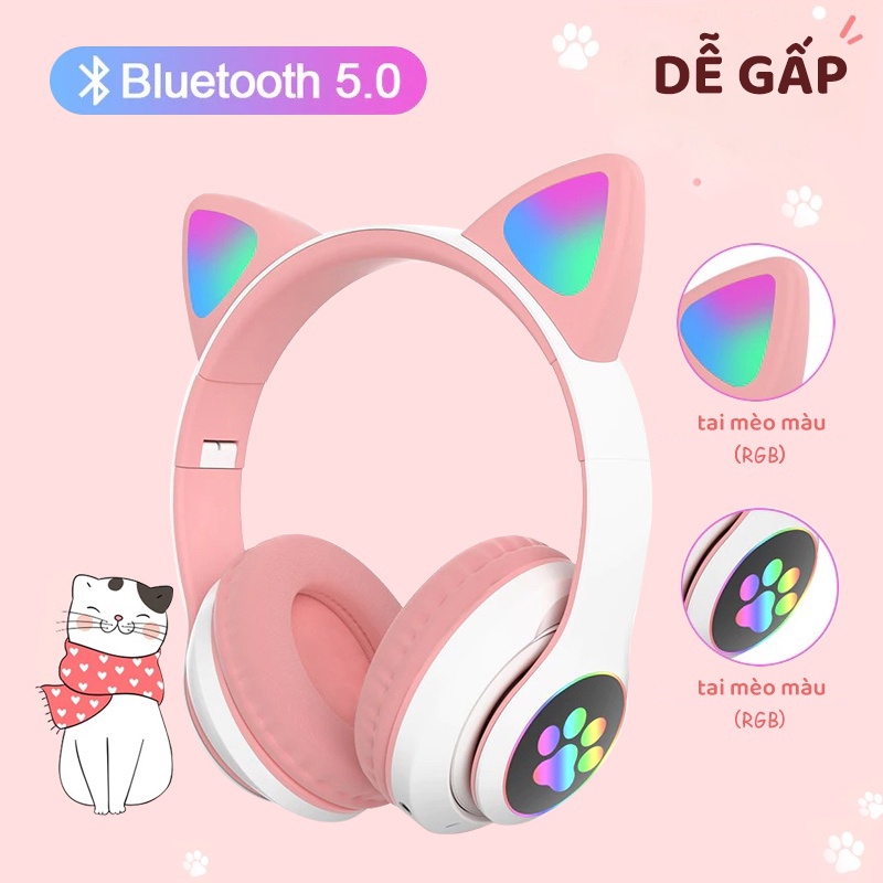 Tai nghe không dây hình tai mèo có mic và đèn LED nhiều màu tùy chọn độc đáo