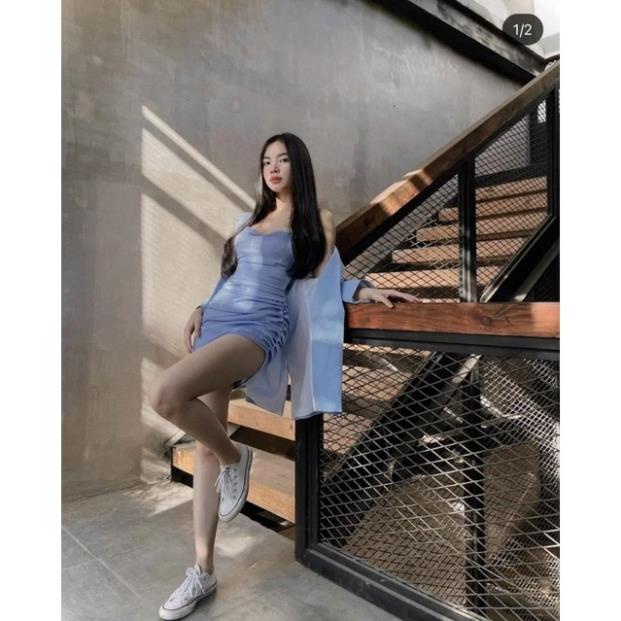 Set đầm body xanh dương 2 dây hở lưng nhún thân kèm áo khoác vest