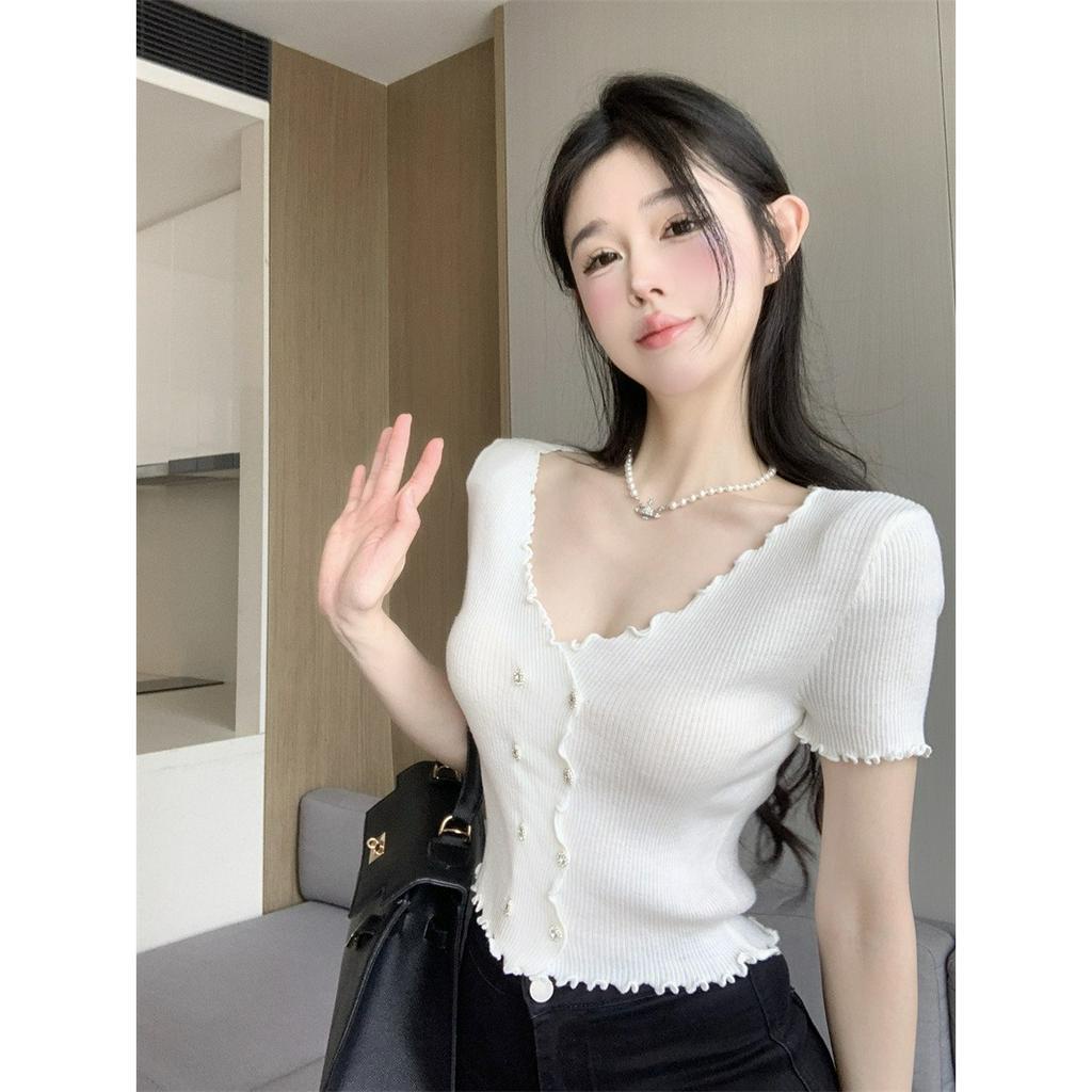 ZHELIHANGFEI Áo Dệt Kim Tay Ngắn Cổ Chữ V Vải Lụa Mát Thời Trang Quyến Rũ Cho Nữ