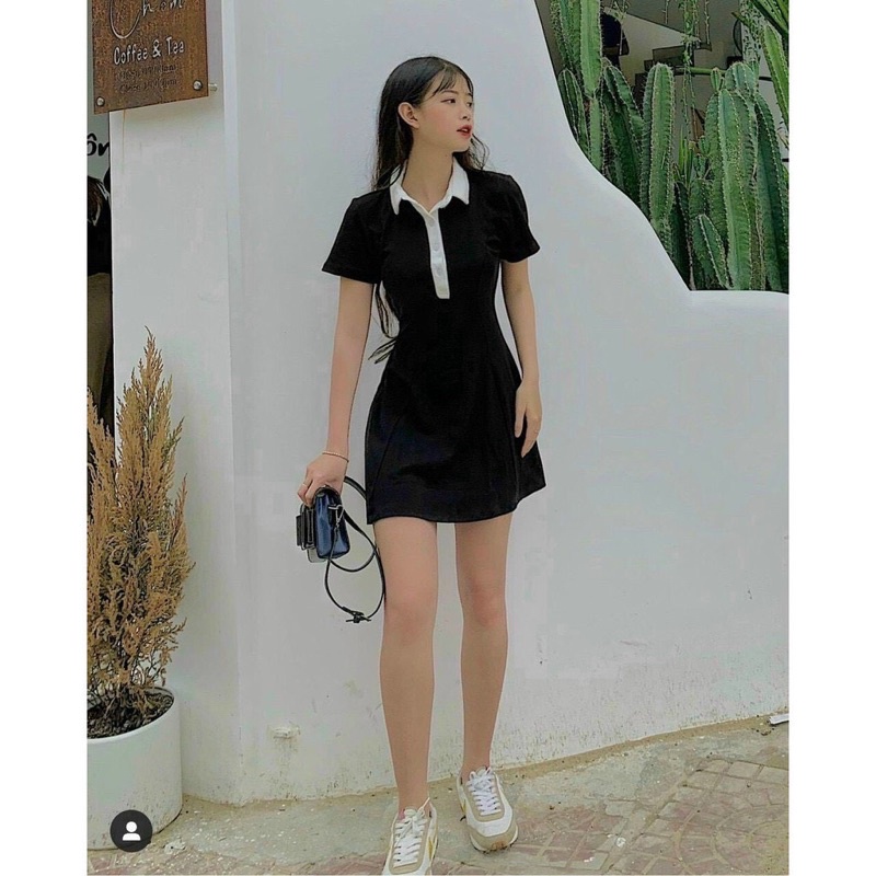 Váy Polo Đen Lé Viền Cổ Trắng BIGOMALL - Đầm Phông Cổ Bẻ Dáng Suông