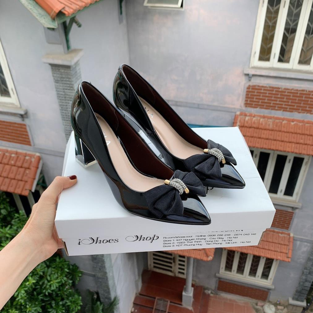 . Giày SUNA da bóng đính nơ cao cấp gót vuông bọc mica cao 7cm - D775 ;