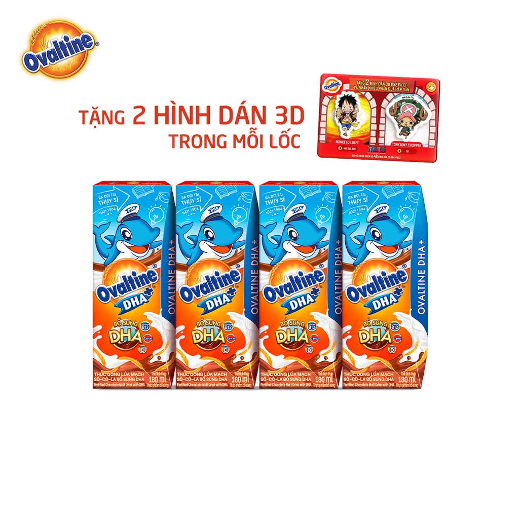 (Tặng 2 hình dán 3D ) thức uống lúa mạch hương vị sô-cô-la Ovaltine DHA+ Hộp Giấy 180mlx4