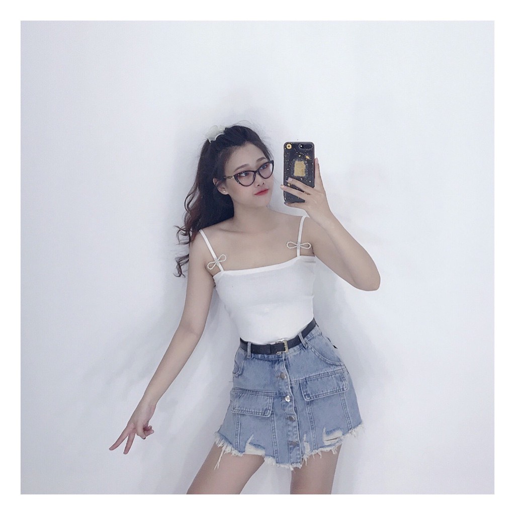 áo croptop 2 dây đính nơ xinh, áo kiểu nữ, áo nữ