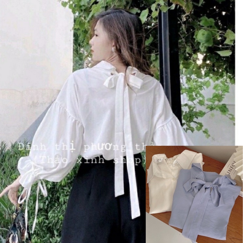 ÁO sơ mi dáng rộng tay bồng có nơ sau lưng freesize hai màu