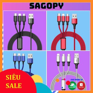 Dây cáp sạc iphone Lightning, Samsung type C, Micro Oppo, cáp sạc điện thoại 3 đầu bọc dù hỗ trợ sạc nhanh