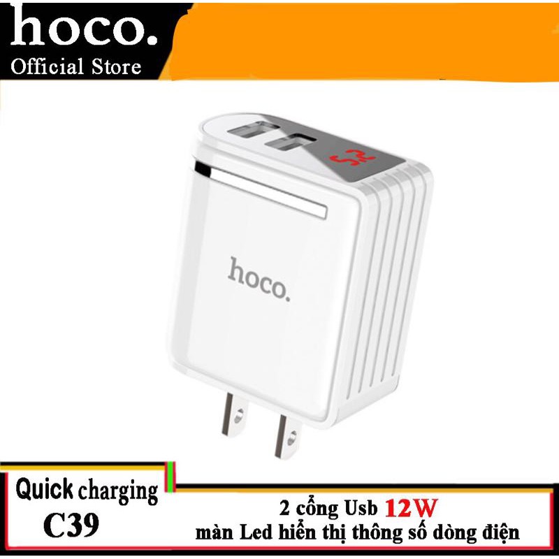 Củ sạc nhanh iphone hàng chính hãng Hoco C39 2 cổng USB 24A có đồng hồ đo dòng điện tương thích Iphone,android