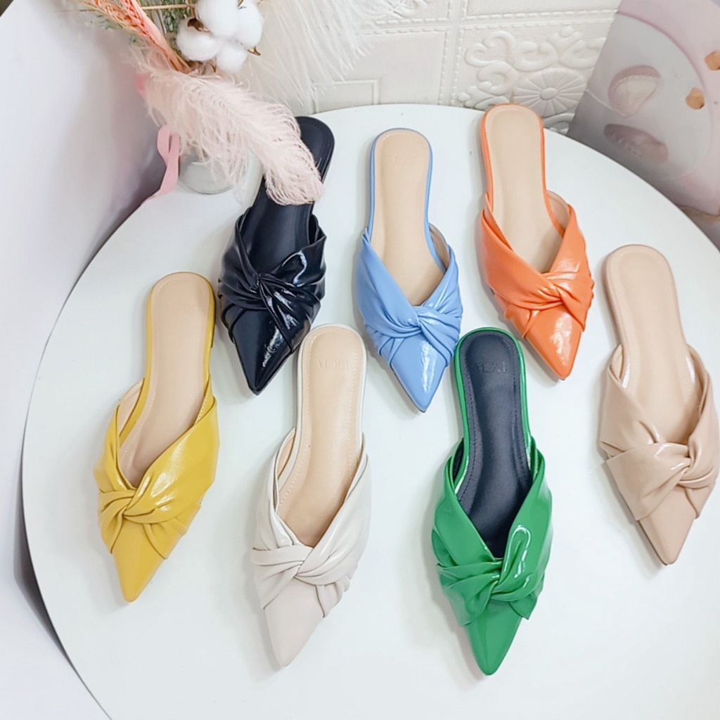 giày đế bệt sục nữ mùa hè nhiều màu sắc kiểu xoắn nơ mũi nhọn mẫu mới hè 2022 minhnghiashop2013