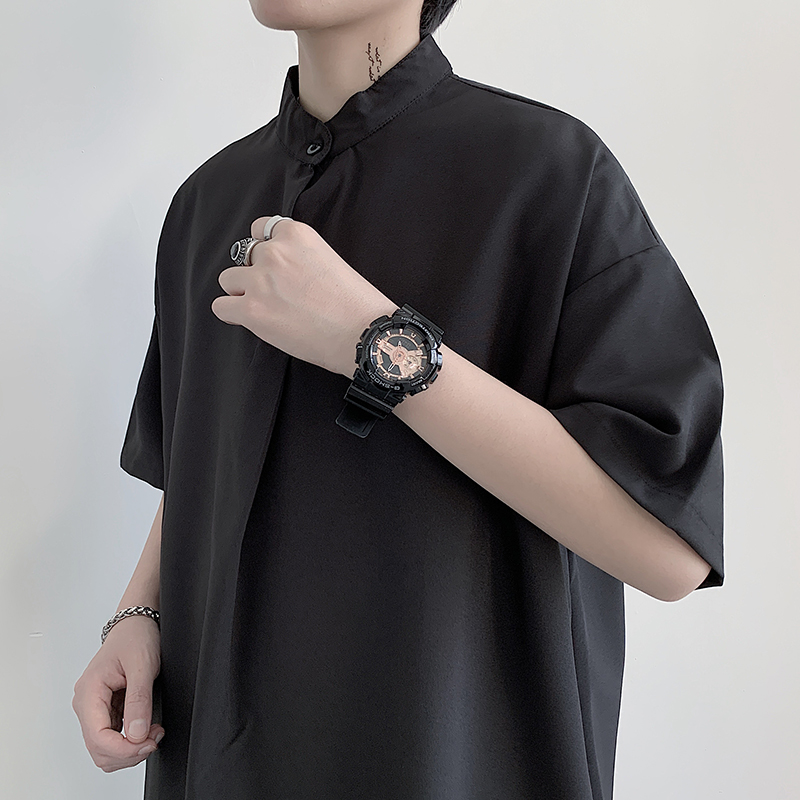 Áo thun nam thời trang Hàn Quốc cổ đứng màu trơn tay ngắn dáng rộng 2022 simple áo sơ mi nam ngắn tay