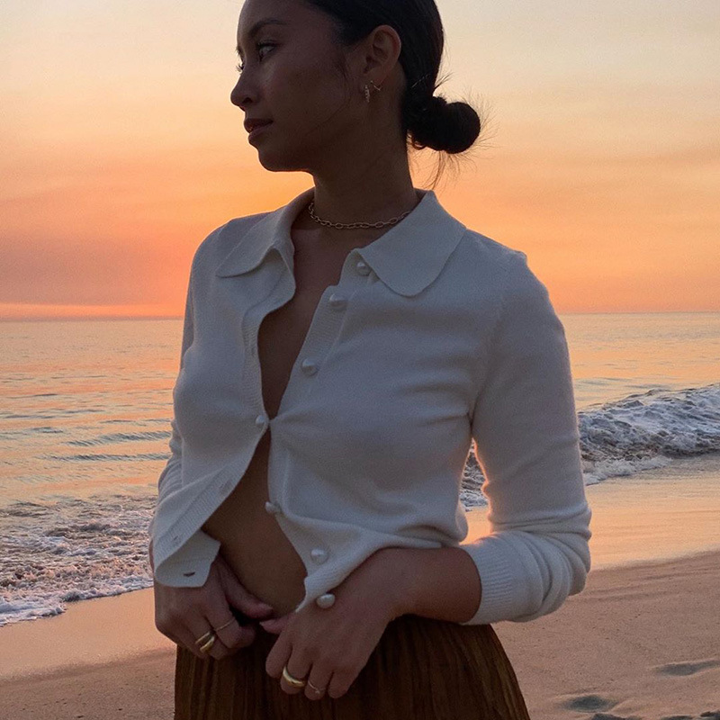 Áo kiểu cardigan dệt kim tay dài cổ lật phối nút thời trang quyến rũ dành cho nữ