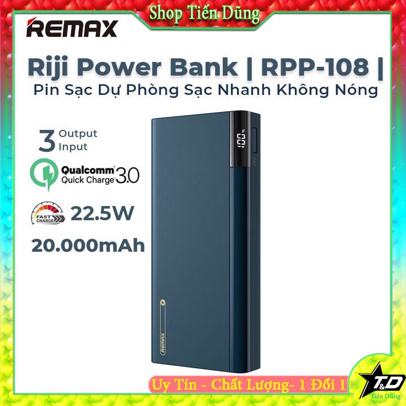 Pin sạc dự phòng Remax RPP 108 sạc nhanh 22,5W dung lượng 20.000mAh có đèn led báo dung lượng pin