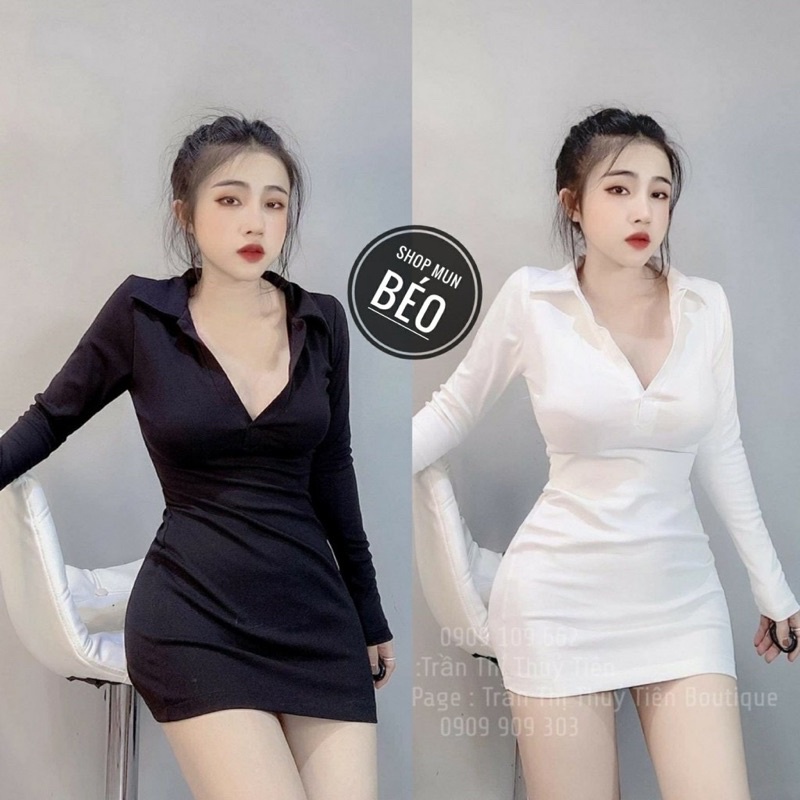 Đầm thun borip cổ trụ xẻ sâu hở ngực tay dài ôm body LL