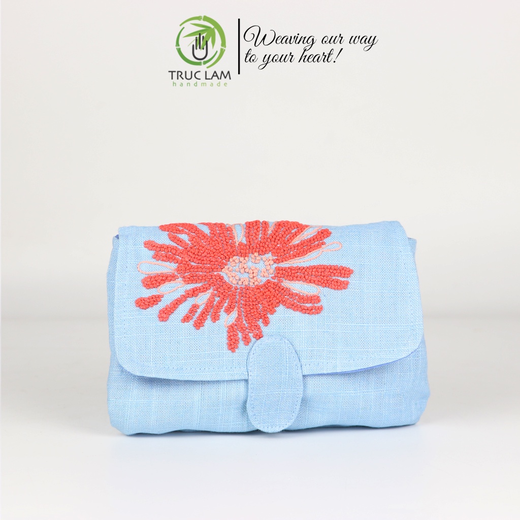 Ví Cầm Tay Nữ Vải Linen Thêu Tay Sa Hạt Họa Tiết Hai Hoa Cúc - Trúc Lâm Handmade