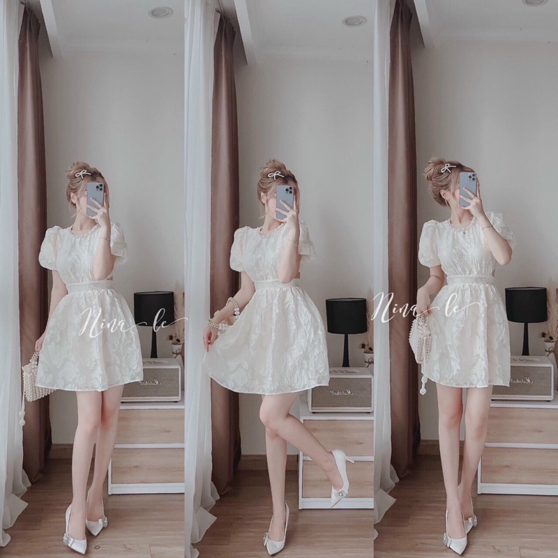 Đầm Hở Lưng Xoè Ngắn JARI-CLOTHES Cổ Hạt Xinh Nơ Dễ Thương Tay Ngắn