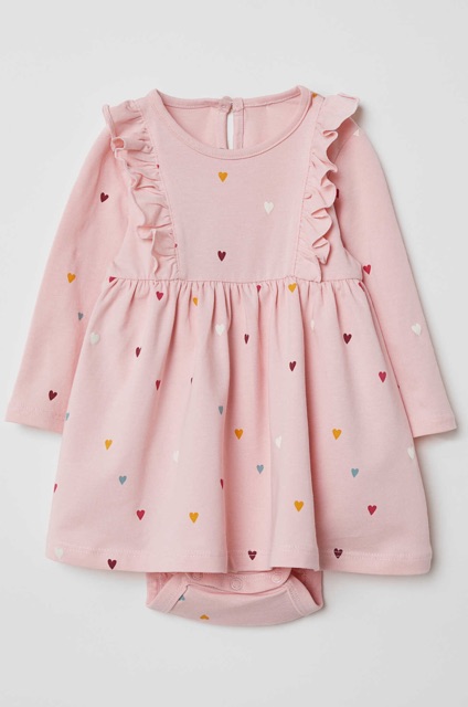 Váy cotton hồng chấm bi trái tim liền body chip HM auth